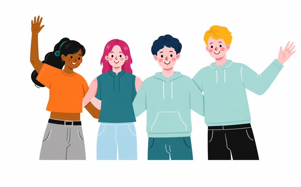 肩を寄せ合って並ぶ学生たちのイラスト